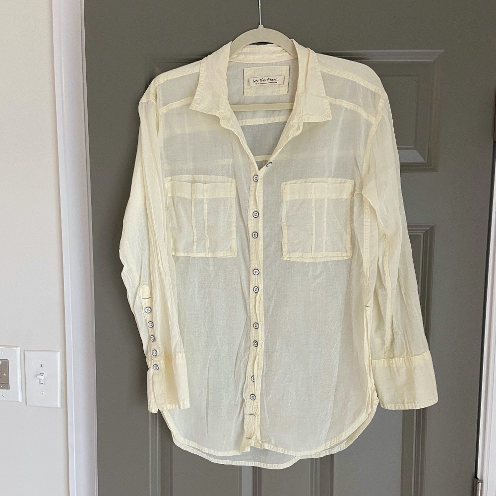 Free People Sheer Button-down Shirt in Pale Yellow size Small